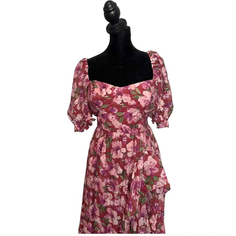 Floral Ruffle Maxi Dress Women L Sweetheart Neck Puff Sleeve Cottage Romantic